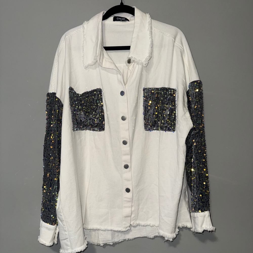 ChicMe Womens XXL White Denim Sequin Sleeve Shacket Frayed Hem Button Up Jacket